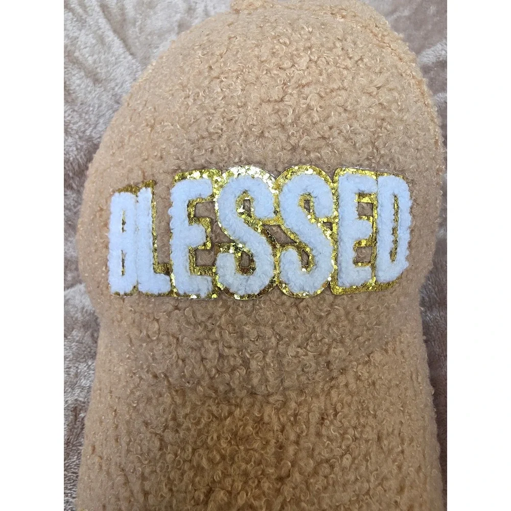 Simply Southern Blessed Tan Sherpa Fleece Baseball Cap Gold Glitter One Size